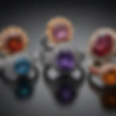 A display of various wide engagement ring settings showcasing different gemstones.