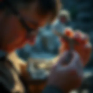 Responsible Geode Collecting Practices A responsible collector examining a geode while following ecological guidelines.