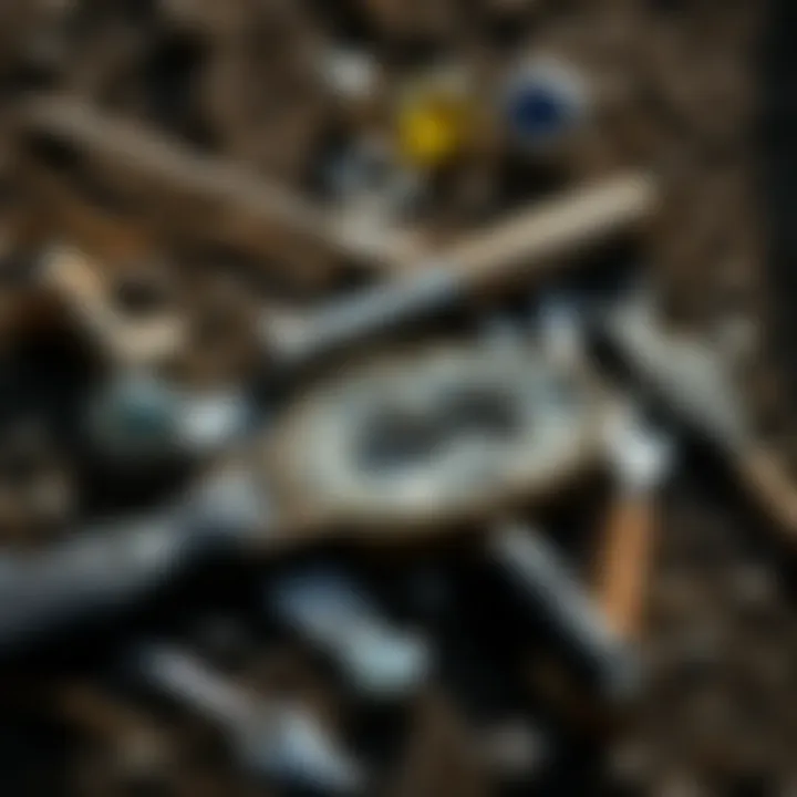 Essential Tools for Geode Hunting Essential geode hunting tools laid out on a natural surface, ready for exploration.