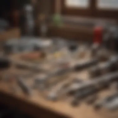 Maintenance tools for hand drills laid out on a workbench.