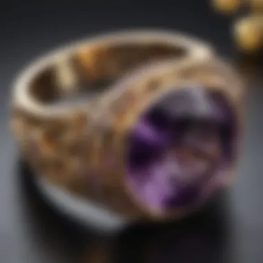 Close-up of a handcrafted amethyst ring showcasing intricate detailing