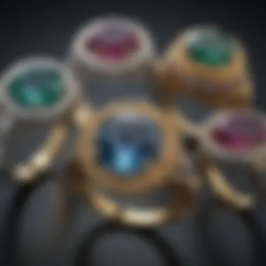 Historical representation of engagement ring designs featuring different gemstones