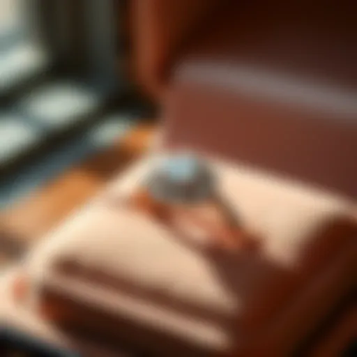 A stunning engagement ring displayed on a velvet cushion.