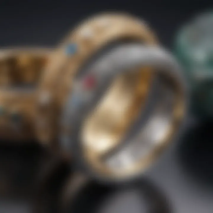 Close-up of intricately designed wedding bands