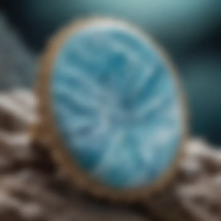 A close-up view of larimar gemstone showcasing its unique blue hues and patterns.