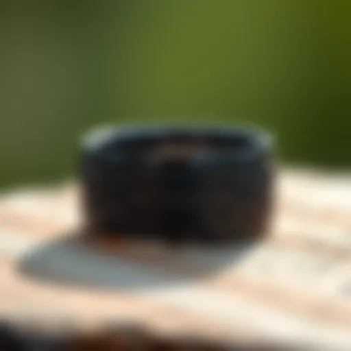 Elegant black titanium wedding band with intricate engraving