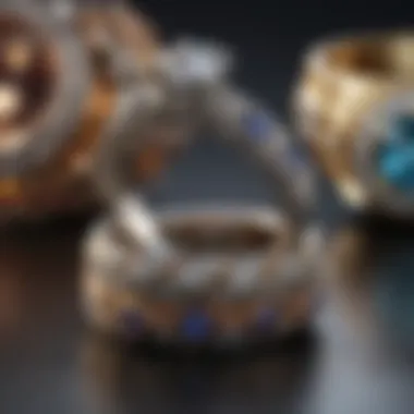 Different styles of wedding bands displayed on a luxurious surface