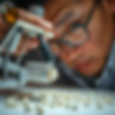 Expert Evaluation A professional appraiser examining pearls with precision tools