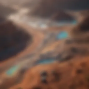 An aerial view of opal mining activities in the Australian outback, highlighting the rugged terrain.