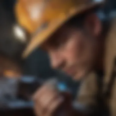 A close-up of a miner using traditional tools to extract opal from the earth.