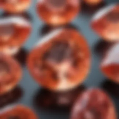 A close-up view of a padparadscha sapphire to highlight its unique inclusions