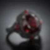 A close-up of a stunning black ruby ring showcasing its deep red hues and intricate setting