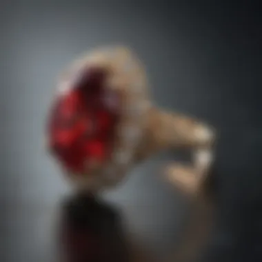 A close-up of a luxurious deep red ruby ring showcasing its intricate design.