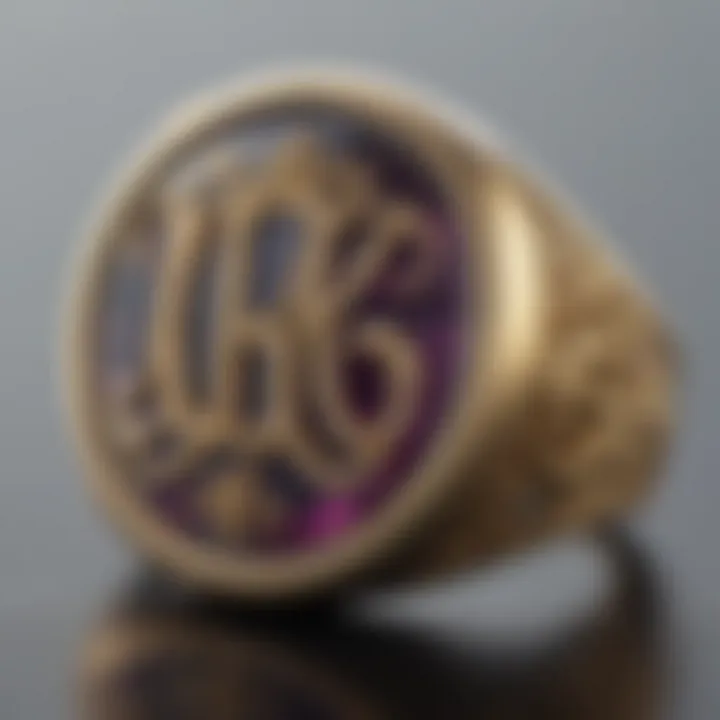 A close-up view of a personalized signet ring with unique initials