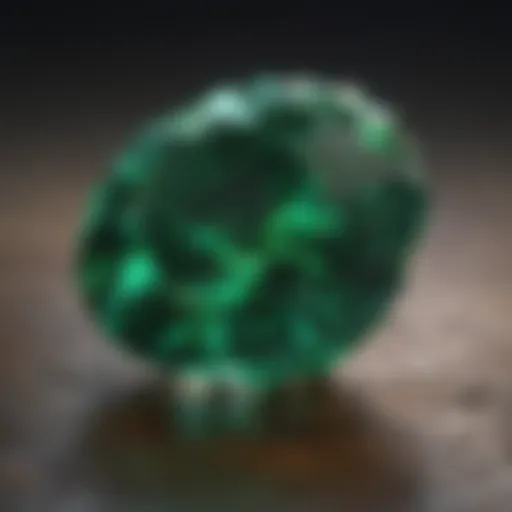 A close-up view of an emerald gemstone showcasing its vibrant green color.