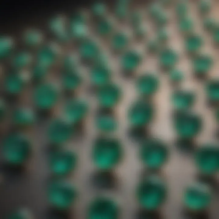 A collection of emeralds displayed in various cuts and settings.