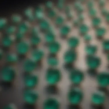 Emerald Collection Display A collection of emeralds displayed in various cuts and settings.