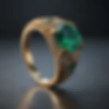 An elegant piece of jewelry featuring an emerald set in a gold ring.