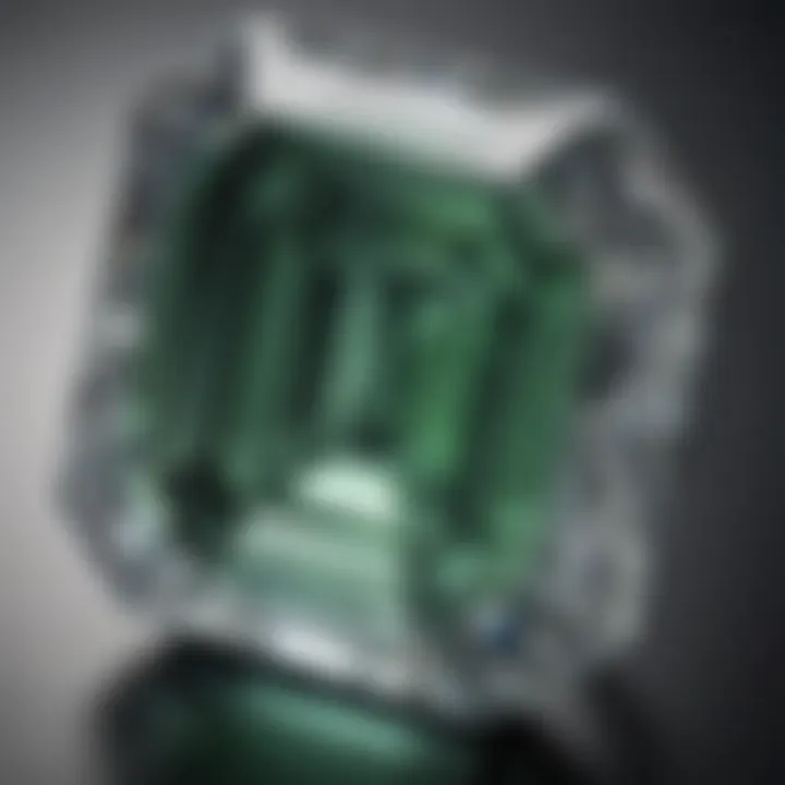 A close-up of the facets of an emerald cut diamond reflecting light beautifully.