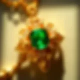 Close-up of a vibrant emerald gemstone set in ornate gold jewelry