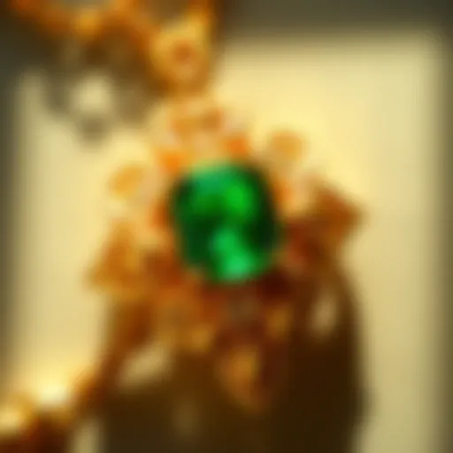 Close-up of a vibrant emerald gemstone set in ornate gold jewelry