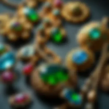 A historical display of ancient gemstone jewelry from different eras