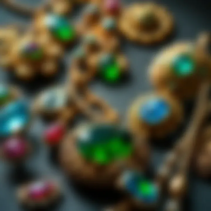 A historical display of ancient gemstone jewelry from different eras