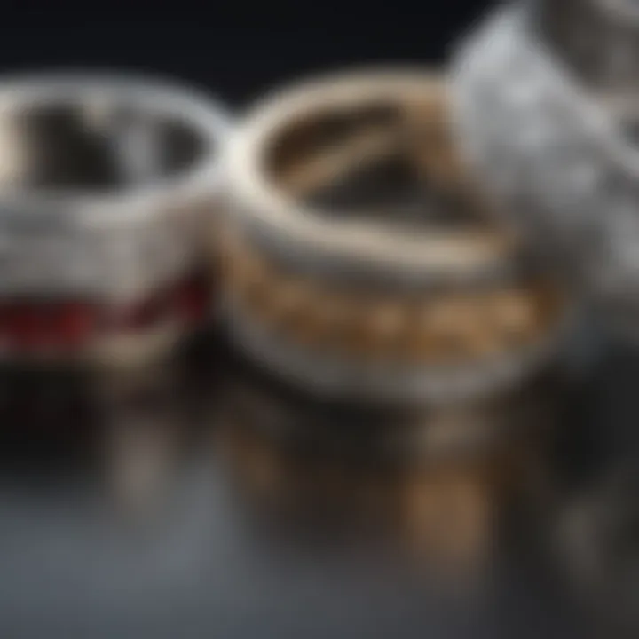 Close-up of various design variations of notched wedding bands