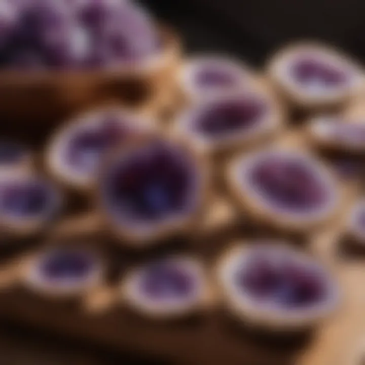 A vibrant cluster of amethyst geodes displayed on a wooden table