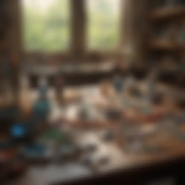 A workspace filled with tools and translucent beads, illustrating the crafting environment.