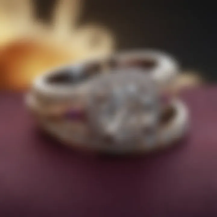 Beautifully designed engagement ring and wedding band set on a velvet cushion