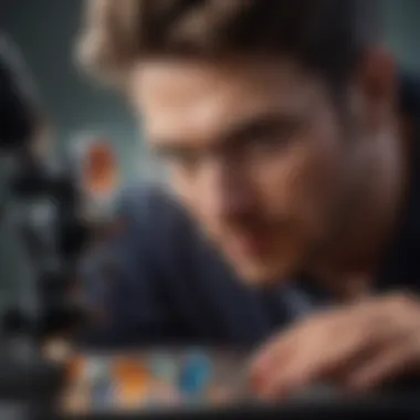 A close-up of a gemologist examining a colored diamond under a microscope, highlighting the grading process.