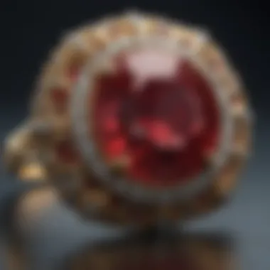 Close-up of a ruby diamond ring highlighting its intricate design