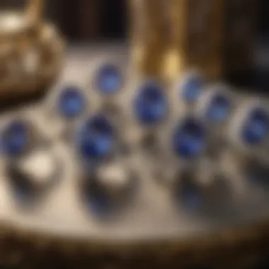 An elegant jewelry display featuring various tanzanite rings in a luxurious setting