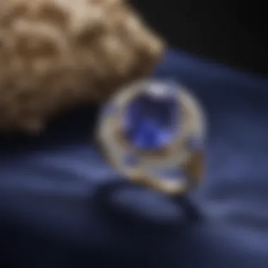 An elegant tanzanite ring displayed on a velvet cushion, emphasizing its luxury and allure.