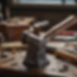 Close-up of a jeweler's hammer resting on a workbench surrounded by tools