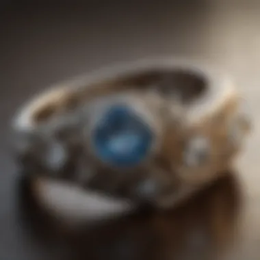 A close-up of a vintage-inspired wedding ring featuring intricate detailing.