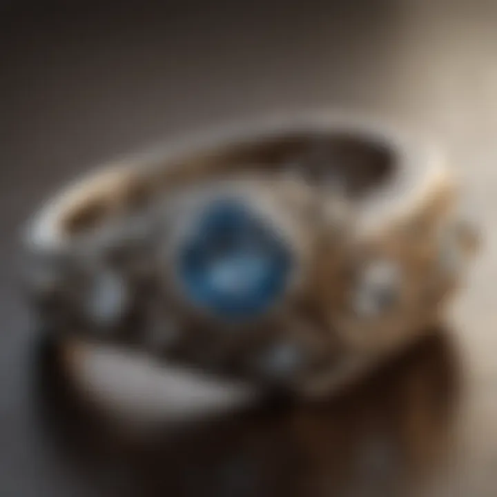 A close-up of a vintage-inspired wedding ring featuring intricate detailing.